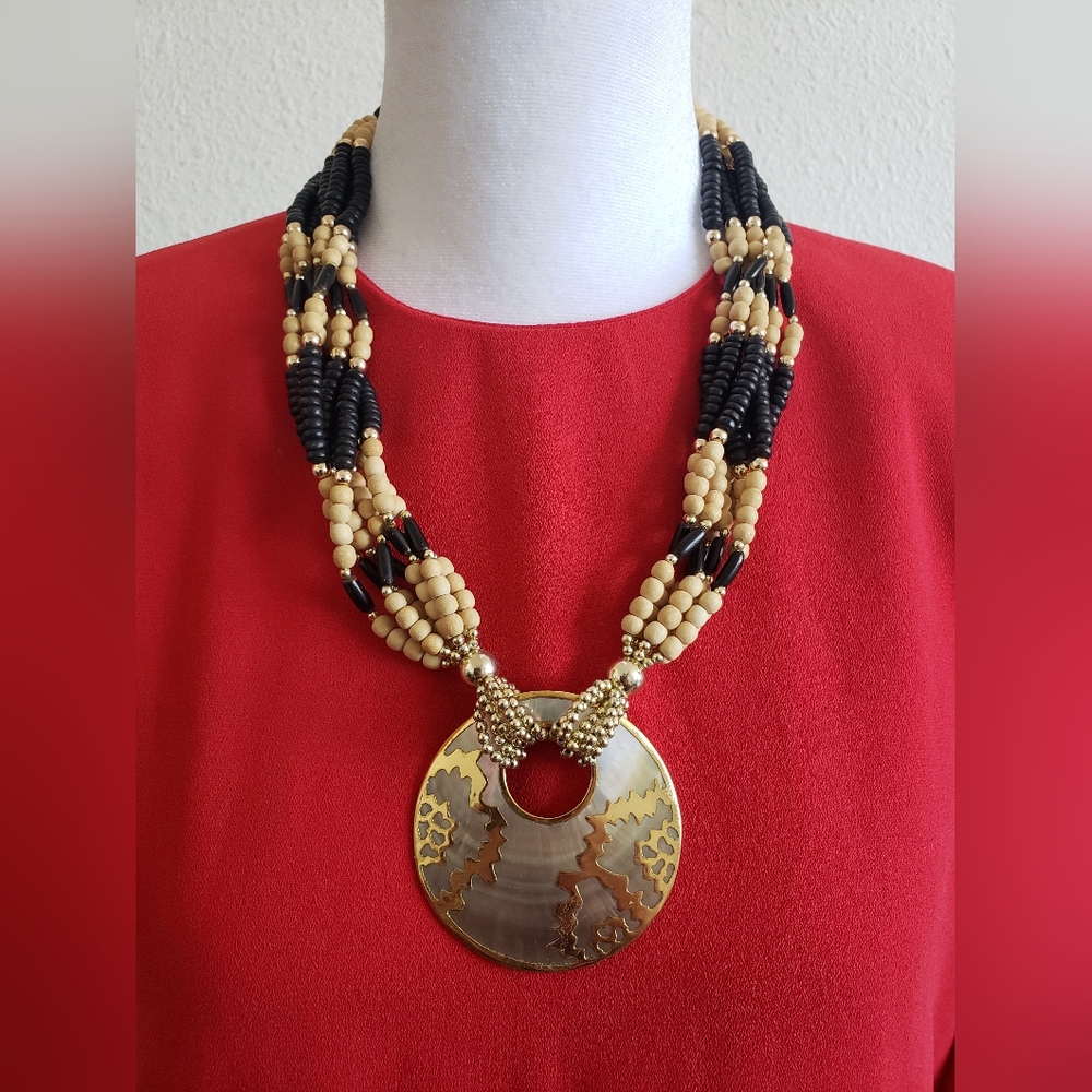 #Boho Necklace Wood Plastic Metal Beads Pearl Round Pendant Made In Philippines